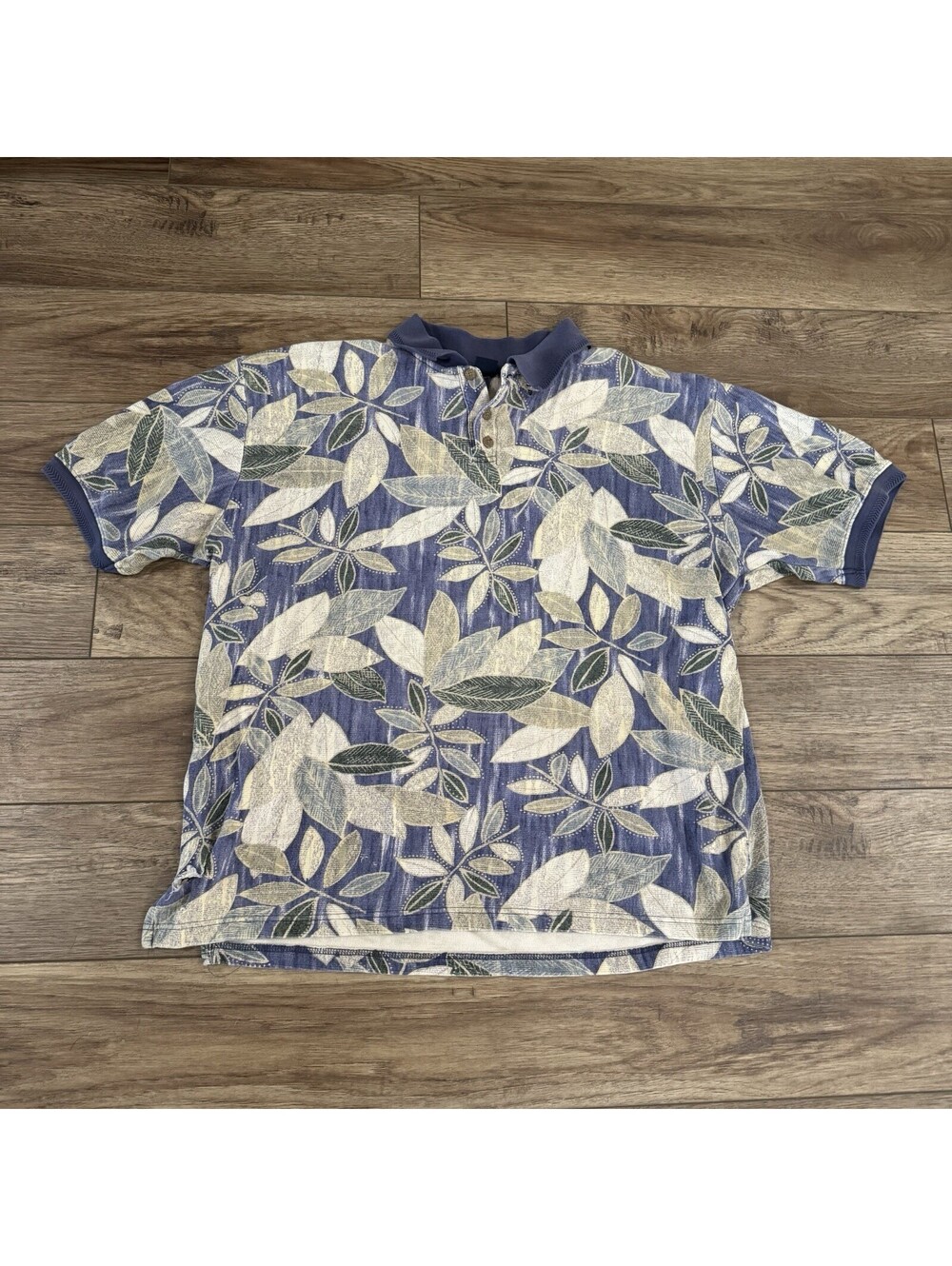 Vtg Cherokee Men XL Blue Rayon Cotton Leaf Polo Shirt